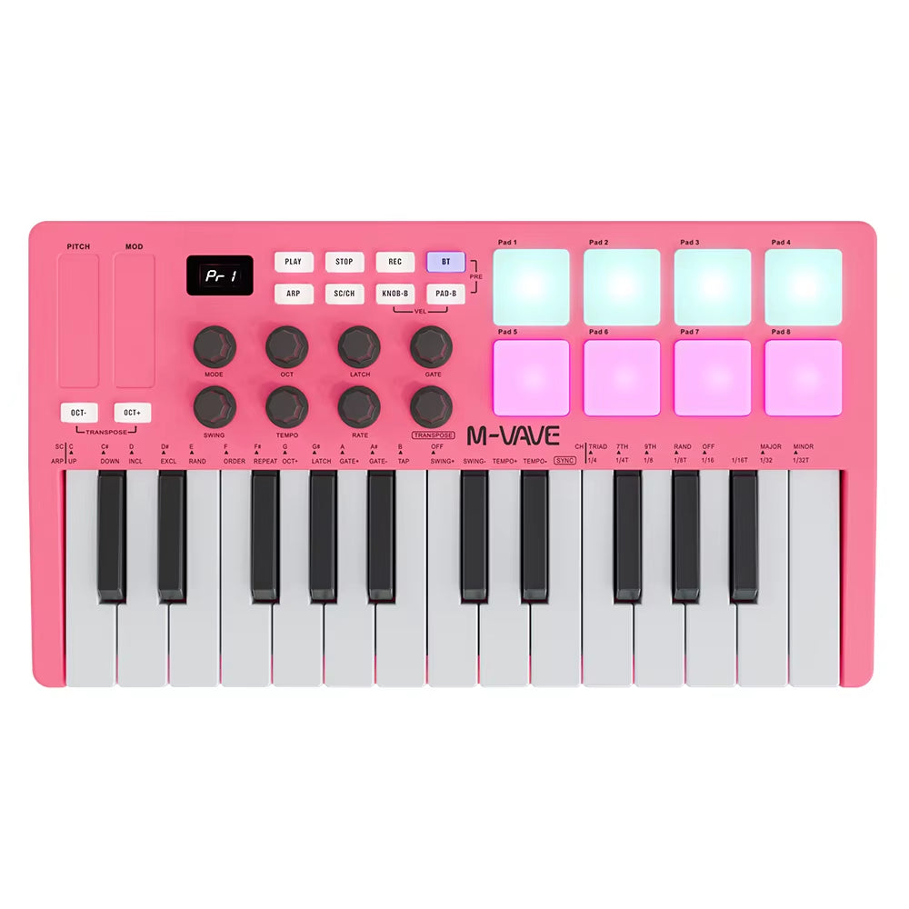 SMK-25 USB MIDI Keyboard Controller W/8 RGB Pads, Bluetooth, 8 Knobs, Semi-Weighted Keys, Software Included - Pink/Red