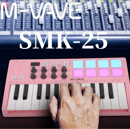 SMK-25 USB MIDI Keyboard Controller W/8 RGB Pads, Bluetooth, 8 Knobs, Semi-Weighted Keys, Software Included - Pink/Red