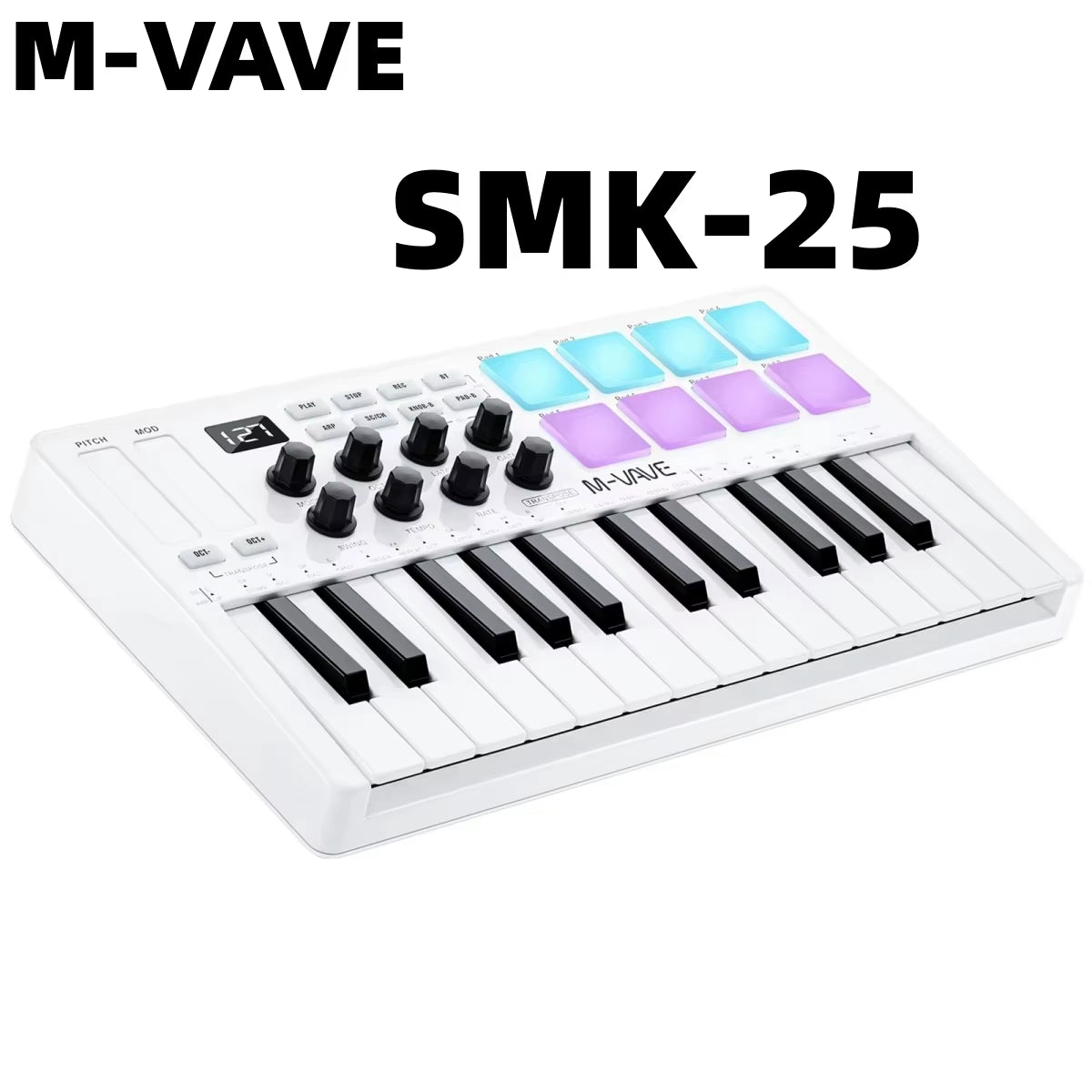 SMK-25 USB MIDI Keyboard Controller W/8 RGB Pads, Bluetooth, 8 Knobs, Semi-Weighted Keys, Software Included - Pink/Red