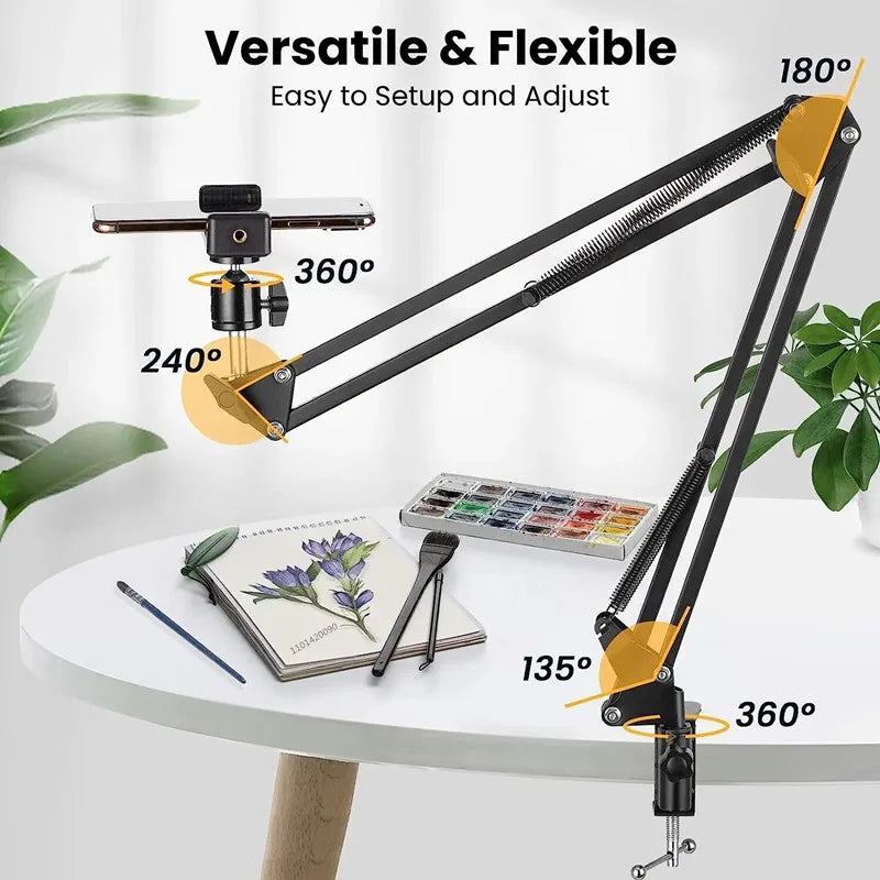 Flexible Arm Tripod for Phone Stand Table Folded Anchor Online Desktop Laptop Video Live Overhead Shot Photography