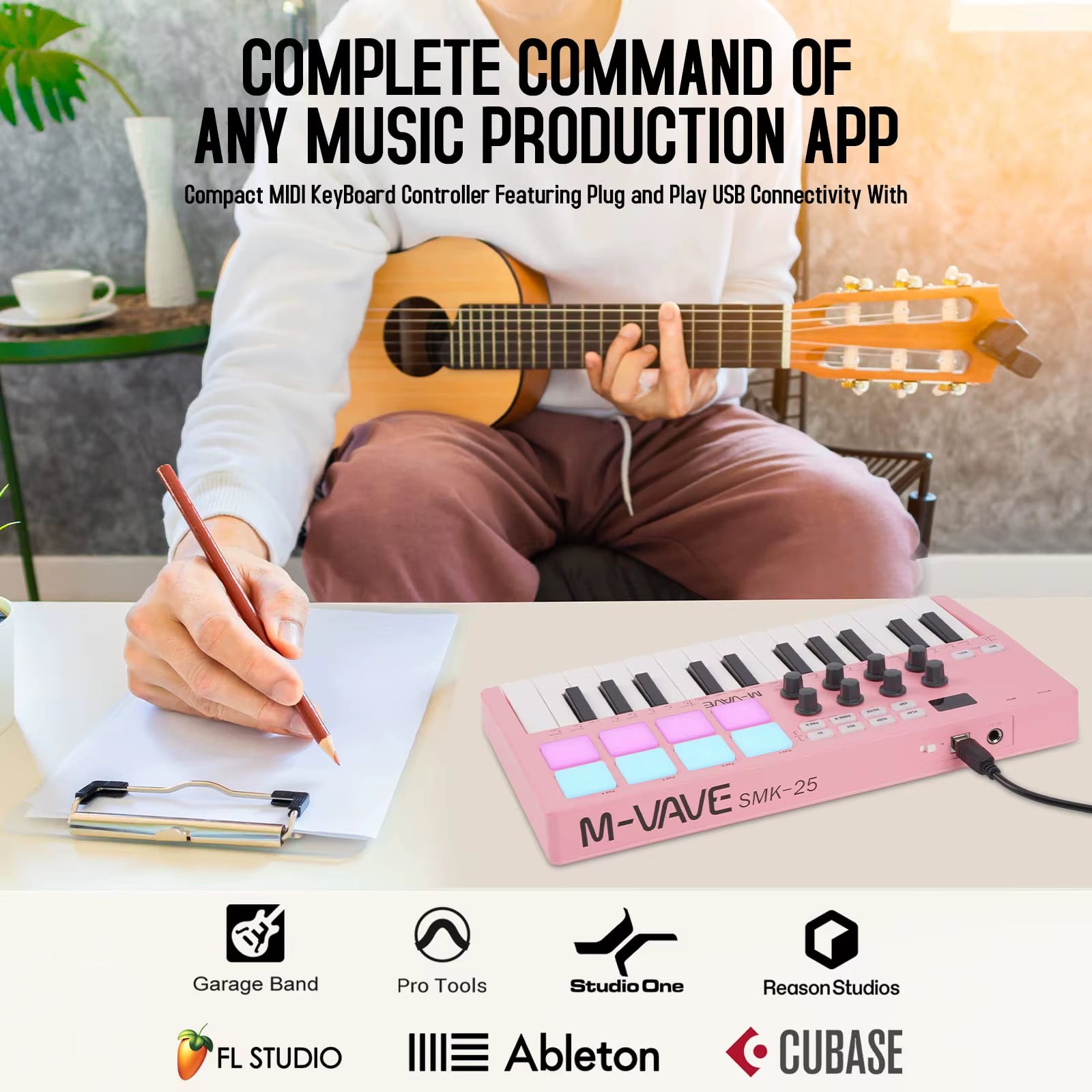 SMK-25 USB MIDI Keyboard Controller W/8 RGB Pads, Bluetooth, 8 Knobs, Semi-Weighted Keys, Software Included - Pink/Red