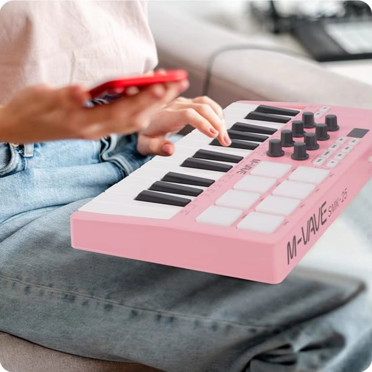 SMK-25 USB MIDI Keyboard Controller W/8 RGB Pads, Bluetooth, 8 Knobs, Semi-Weighted Keys, Software Included - Pink/Red