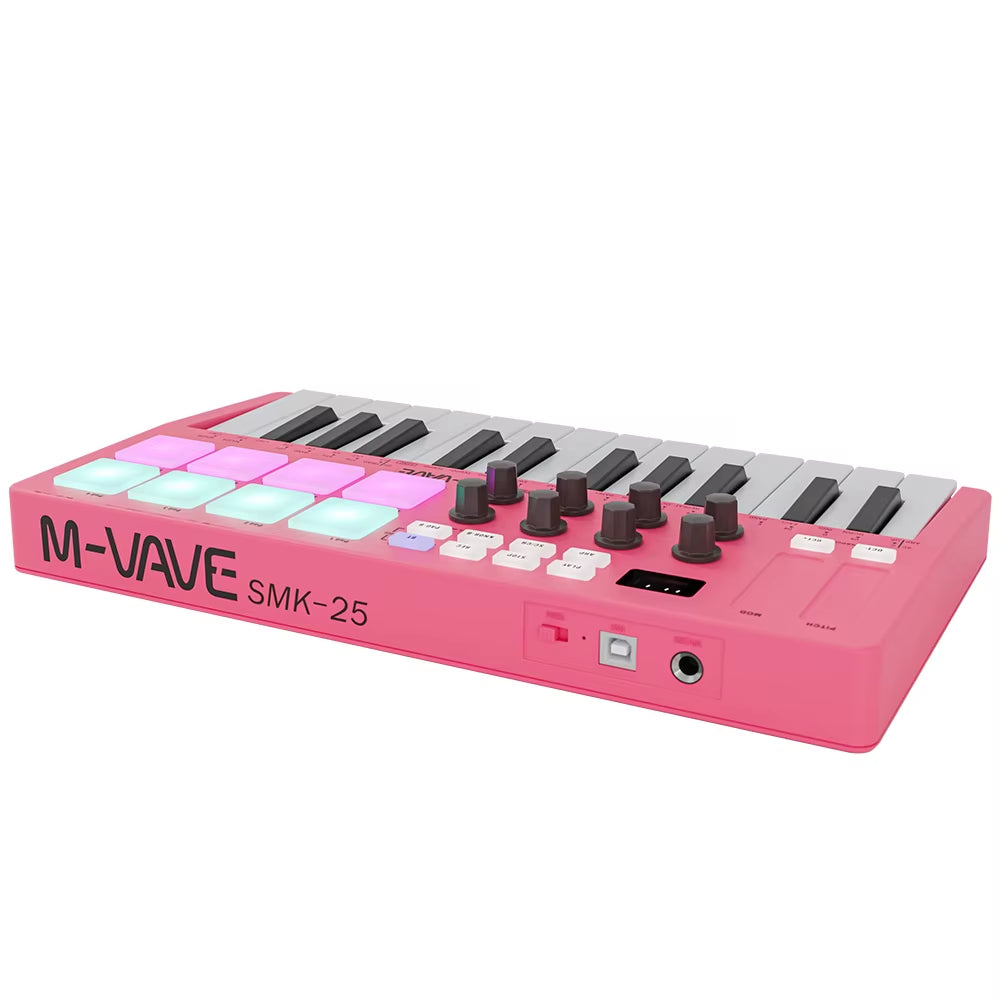 SMK-25 USB MIDI Keyboard Controller W/8 RGB Pads, Bluetooth, 8 Knobs, Semi-Weighted Keys, Software Included - Pink/Red