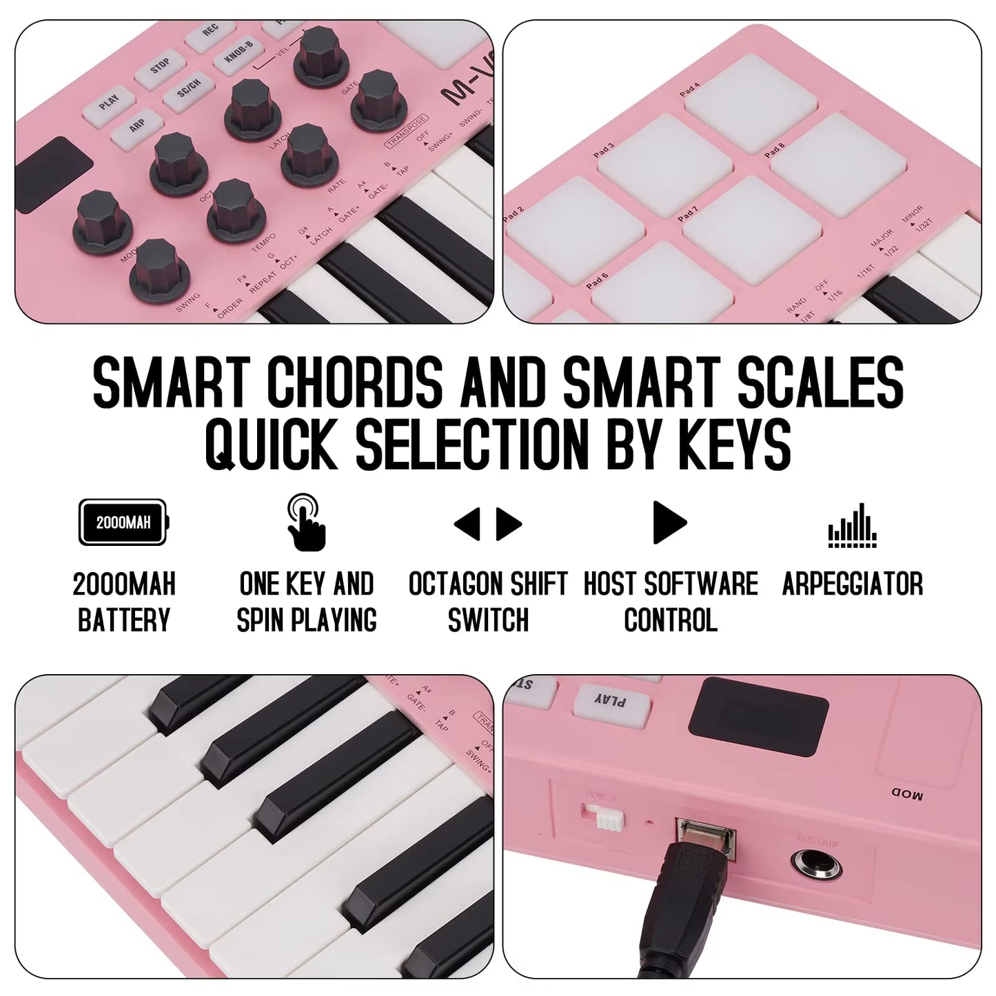 SMK-25 USB MIDI Keyboard Controller W/8 RGB Pads, Bluetooth, 8 Knobs, Semi-Weighted Keys, Software Included - Pink/Red